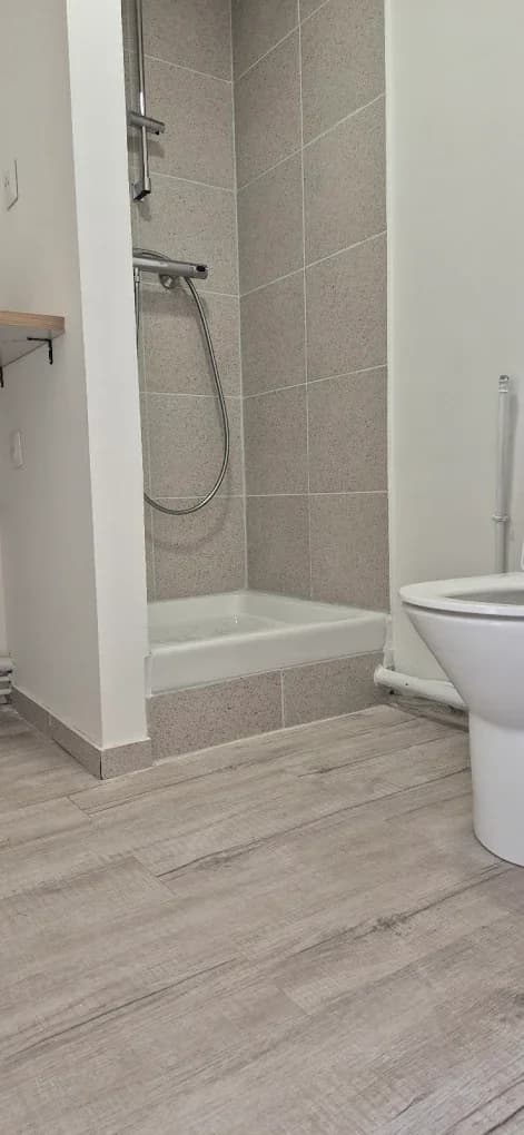 Salle de bain épurée avec douche simple et parquet stratifié
